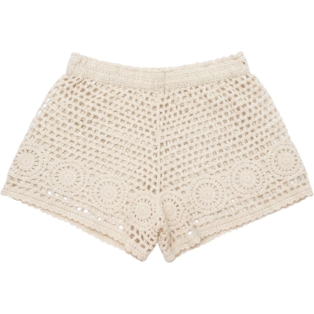 Womens Cream Crochet Boho Shorts Lined Elastic Waist Floral Medallion Border